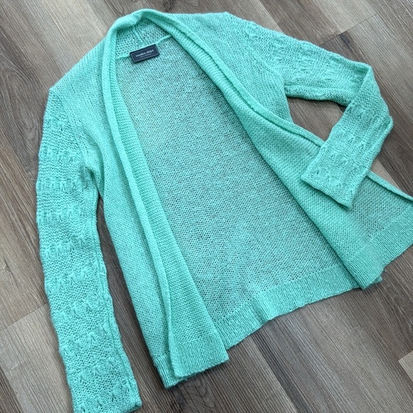 Wooden Ships Sea Foam Blue Green Open Wool Blend Crocheted Cardigan Small/Medium - Picture 2 of 7